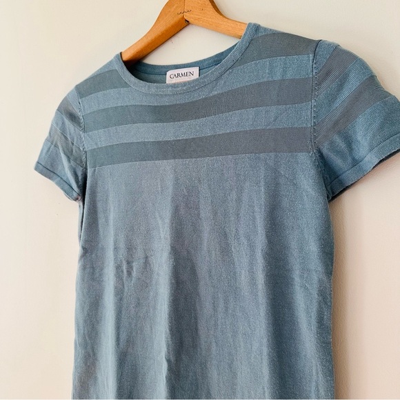 Carmen Marc Valvo Sheer Stripe Dusty Blue Tee Size Small - Picture 2 of 6